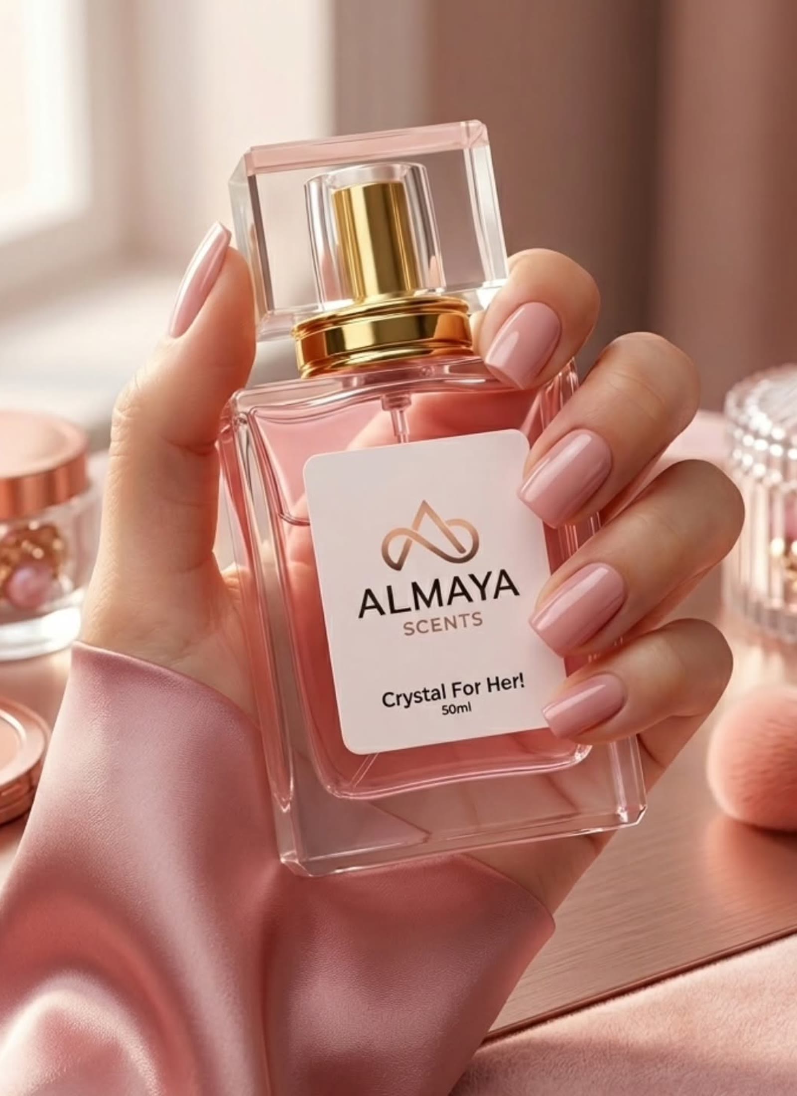 Crystal For Her in a rose-gold vanity still life