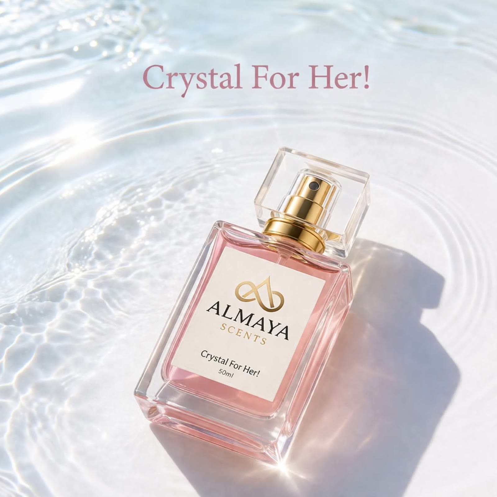 Crystal For Her bottle resting in clear rippled water